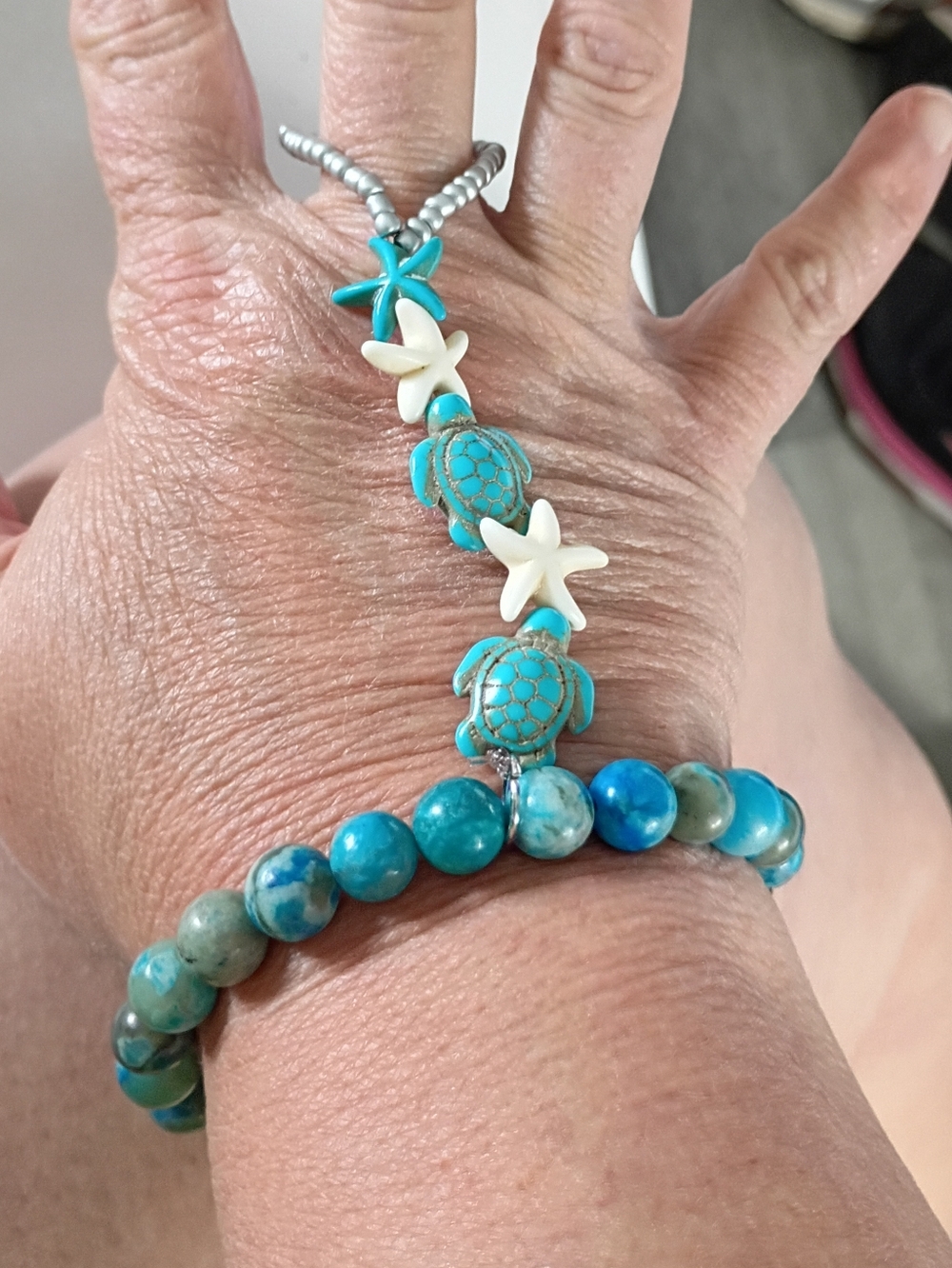 Hand Crafted Shell Turtle & Starfish Beads With Blue Quartz Bracelet